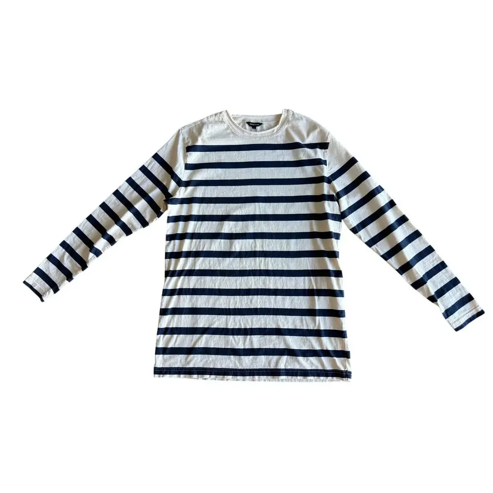 J. Peterman L Cream Navy Blue Striped Long Sleeve 100% Cotton Shirt Breton